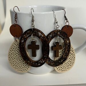 Wood Boho Dangle Cross Earrings Laser Cut with extra pair